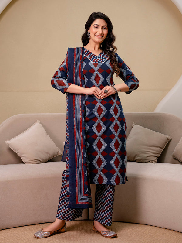 Bordered V-Neck 3-Piece Kurta Set with Ankle-Length Pants & Full-Length Dupatta (M–XXL)