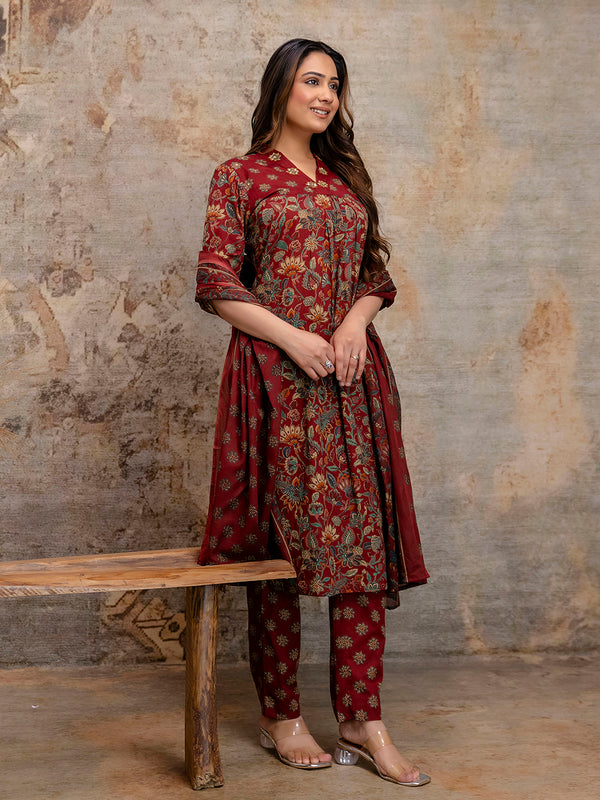 Pure Cotton Red V-Neck 3-Piece Kurta Set with Printed Dupatta