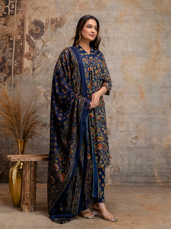 Pure Cotton Blue V-Neck 3-Piece Kurta Set with Printed Dupatta