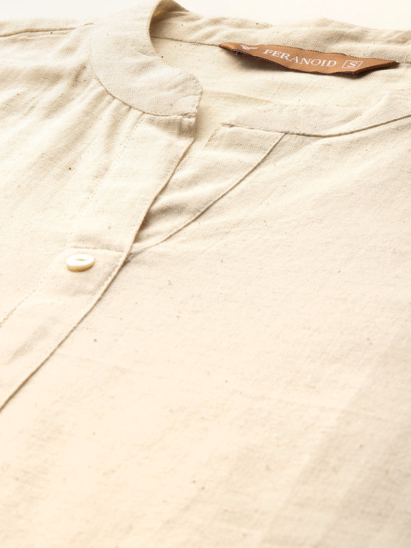 Women’s Solid Long Kurti with Mandarin Collar, 3/4 Sleeves & Pocket | Plain Elegant Cotton Kurta for Daily & Office Wear