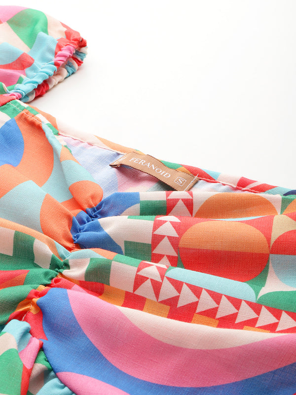 Cropped v-neck peplum puff sleeved top with digital print on linen fabric.