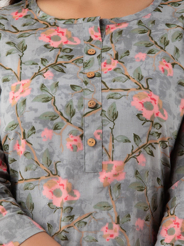 Women Grey Cotton Printed Short Kurti