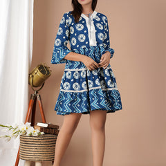 Cotton Printed Navy Blue Tie-Dye Dress