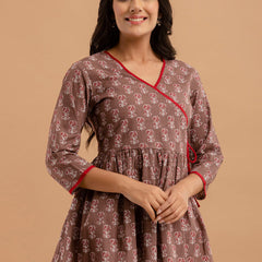 Cotton Printed Brown Angrakha Short Tunic