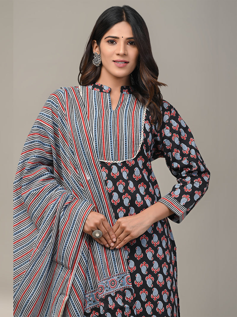 Cotton Printed Black Kurta Set with Dupatta