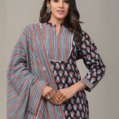Cotton Printed Black Kurta Set with Dupatta