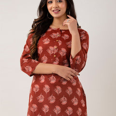 Women Red Cotton Printed Short Kurti