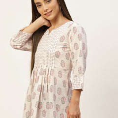 Women White & Baby Pink Cotton Printed A-Line Kurti