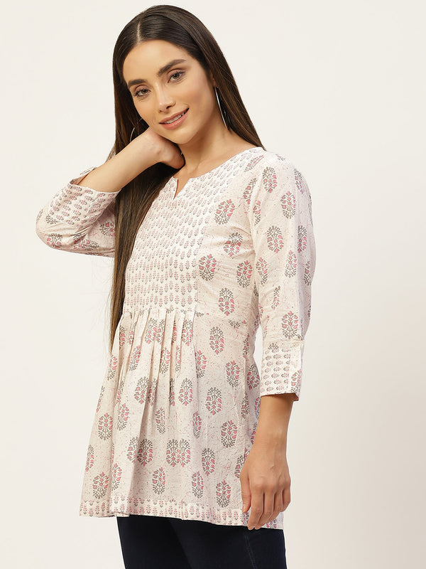 Women White & Baby Pink Cotton Printed A-Line Kurti
