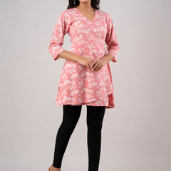 Cotton Printed Pink Angrakha Short Tunic