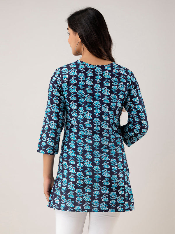 Women Blue Cotton Printed Short Kurti