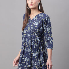 Women Blue Cotton Printed Short Kurti