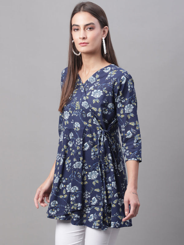 Women Blue Cotton Printed Short Kurti