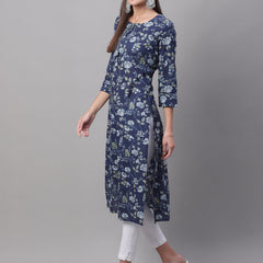 Women Blue Printed Straight Fit Kurti