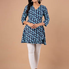 Cotton Printed Blue Angrakha Short Tunic