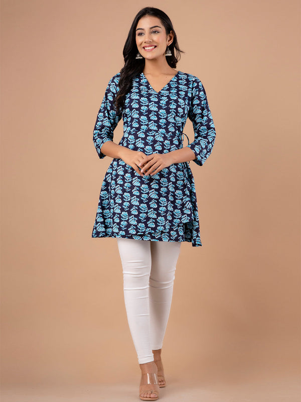 Cotton Printed Blue Angrakha Short Tunic