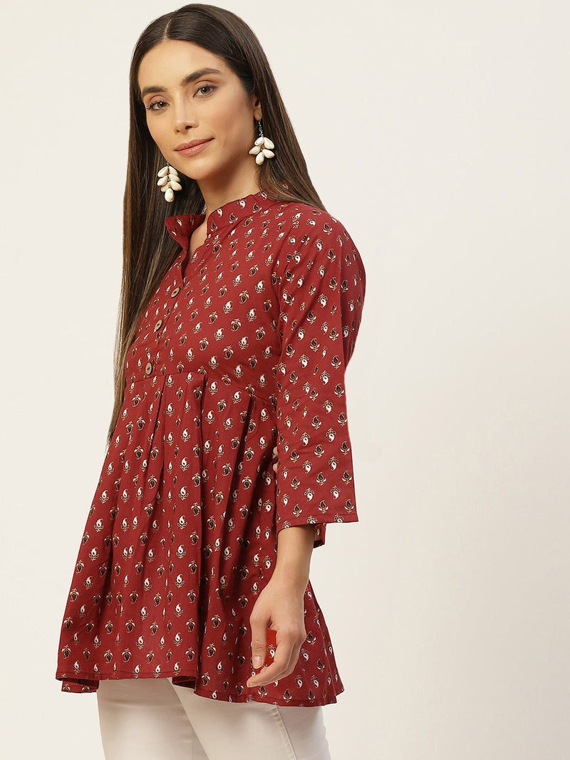 Women Red Pleated A-Line Designer Short Kurti