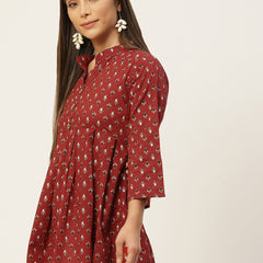 Women Red Pleated A-Line Designer Short Kurti