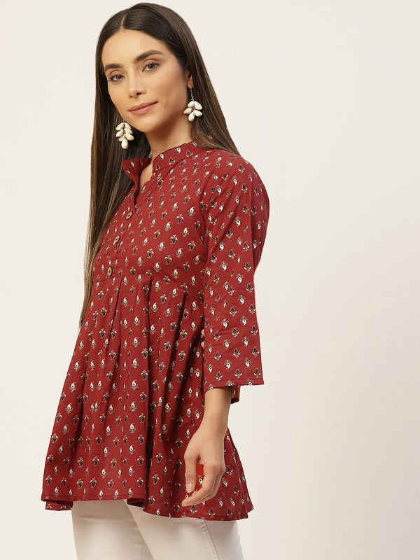 Women Red Pleated A-Line Designer Short Kurti