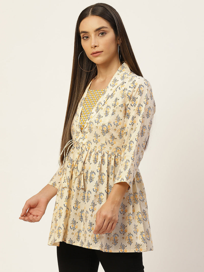 Women Yellow Collared Printed Flared Kurti