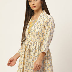 Women Yellow Collared Printed Flared Kurti