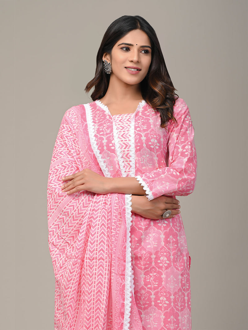 Cotton Printed Pink Kurta Set with Dupatta