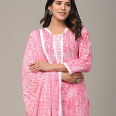 Cotton Printed Pink Kurta Set with Dupatta