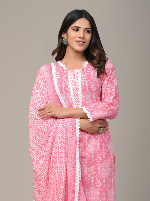 Cotton Printed Pink Kurta Set with Dupatta