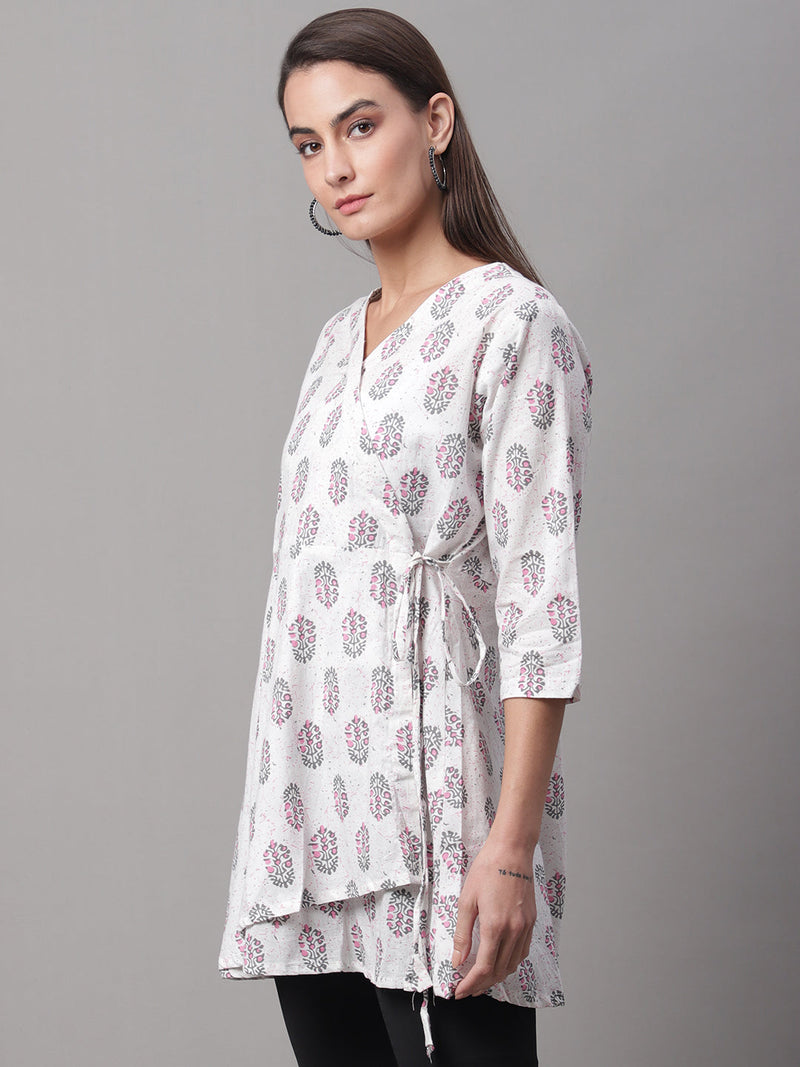 Women White Cotton Printed Short Kurti