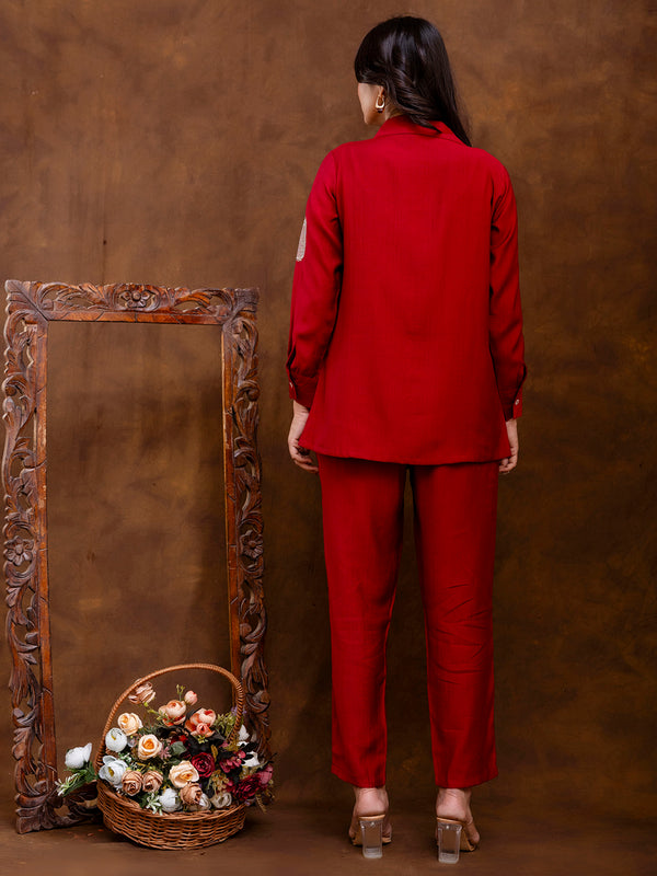 Maroon Women's Embroidered Co-ord Set - Viscose Fabric Full Sleeve Shirt and Pant