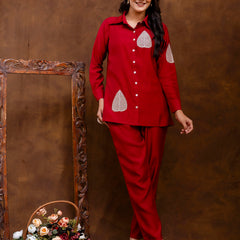 Maroon Women's Embroidered Co-ord Set - Viscose Fabric Full Sleeve Shirt and Pant