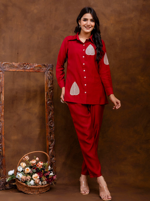 Maroon Women's Embroidered Co-ord Set - Viscose Fabric Full Sleeve Shirt and Pant