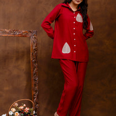 Maroon Women's Embroidered Co-ord Set - Viscose Fabric Full Sleeve Shirt and Pant