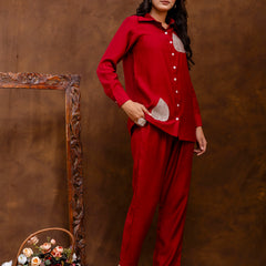 Maroon Women's Embroidered Co-ord Set - Viscose Fabric Full Sleeve Shirt and Pant