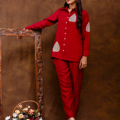 Maroon Women's Embroidered Co-ord Set - Viscose Fabric Full Sleeve Shirt and Pant