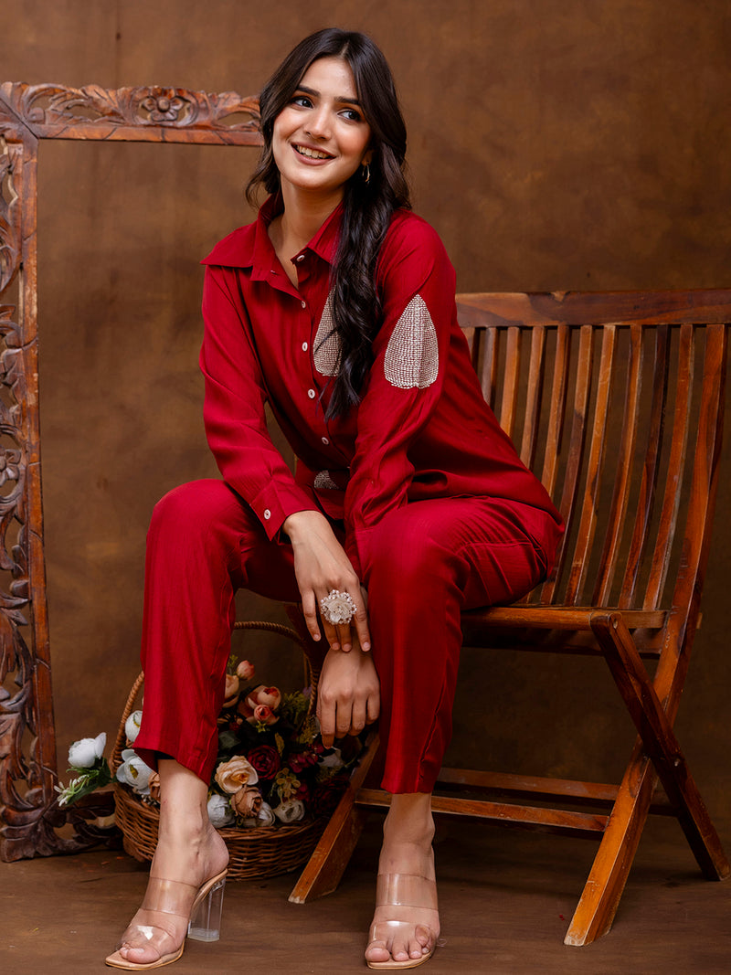 Maroon Women's Embroidered Co-ord Set - Viscose Fabric Full Sleeve Shirt and Pant