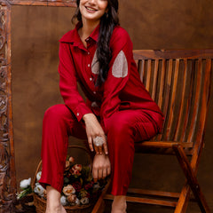 Maroon Women's Embroidered Co-ord Set - Viscose Fabric Full Sleeve Shirt and Pant