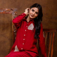 Maroon Women's Embroidered Co-ord Set - Viscose Fabric Full Sleeve Shirt and Pant