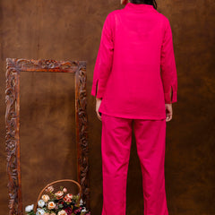 Pink Women's Embroidered Co-ord Set - Viscose Fabric Full Sleeve Shirt and Pant