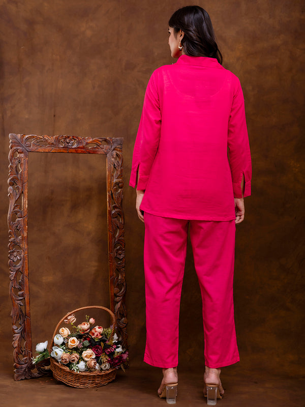 Pink Women's Embroidered Co-ord Set - Viscose Fabric Full Sleeve Shirt and Pant