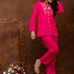 Pink Women's Embroidered Co-ord Set - Viscose Fabric Full Sleeve Shirt and Pant