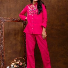 Pink Women's Embroidered Co-ord Set - Viscose Fabric Full Sleeve Shirt and Pant