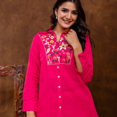 Pink Women's Embroidered Co-ord Set - Viscose Fabric Full Sleeve Shirt and Pant