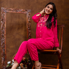Pink Women's Embroidered Co-ord Set - Viscose Fabric Full Sleeve Shirt and Pant