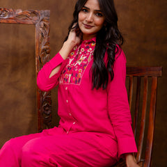 Pink Women's Embroidered Co-ord Set - Viscose Fabric Full Sleeve Shirt and Pant