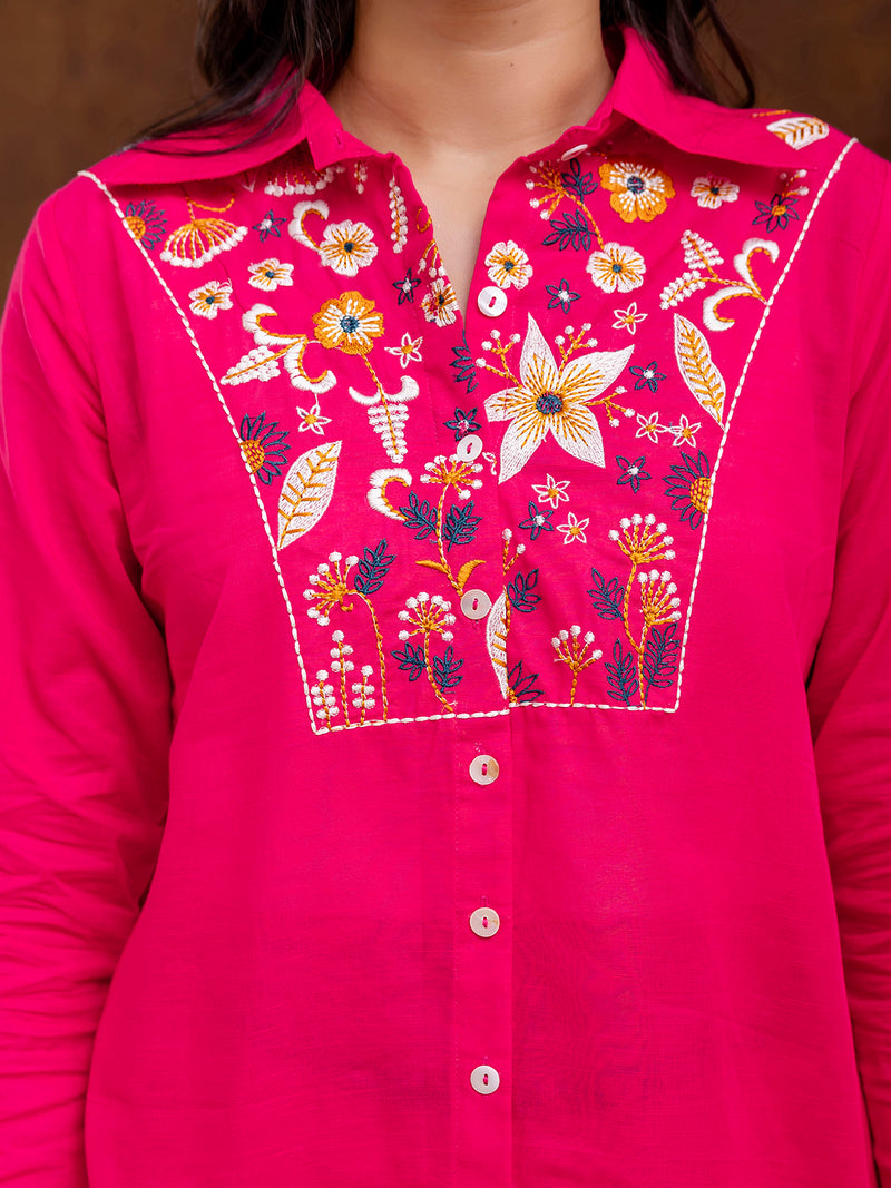 Pink Women's Embroidered Co-ord Set - Viscose Fabric Full Sleeve Shirt and Pant