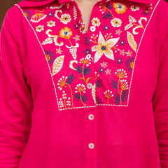 Pink Women's Embroidered Co-ord Set - Viscose Fabric Full Sleeve Shirt and Pant