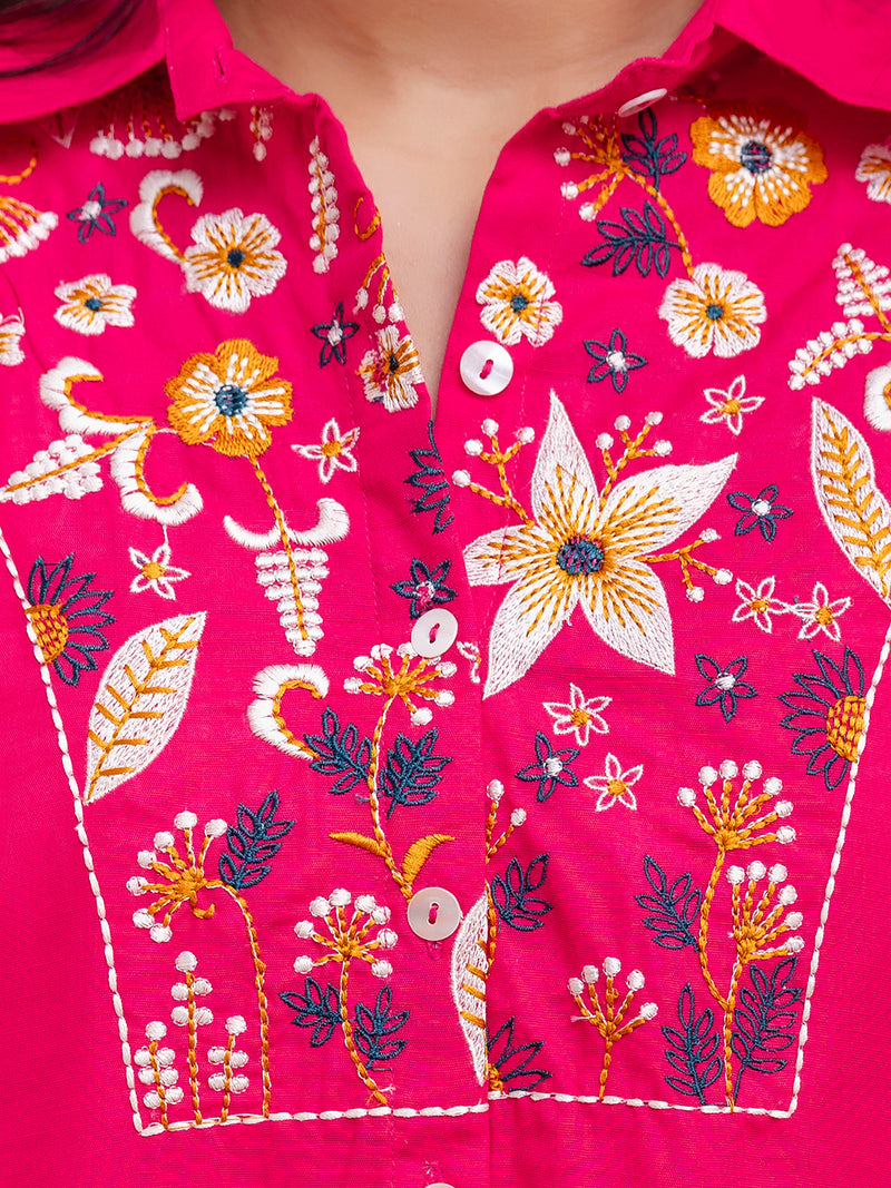 Pink Women's Embroidered Co-ord Set - Viscose Fabric Full Sleeve Shirt and Pant