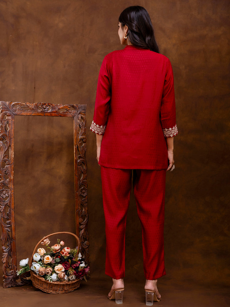 Maroon Women's Embroidered Co-ord Set - Viscose Fabric Full Sleeve Shirt and Pant
