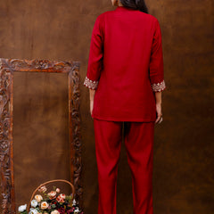 Maroon Women's Embroidered Co-ord Set - Viscose Fabric Full Sleeve Shirt and Pant